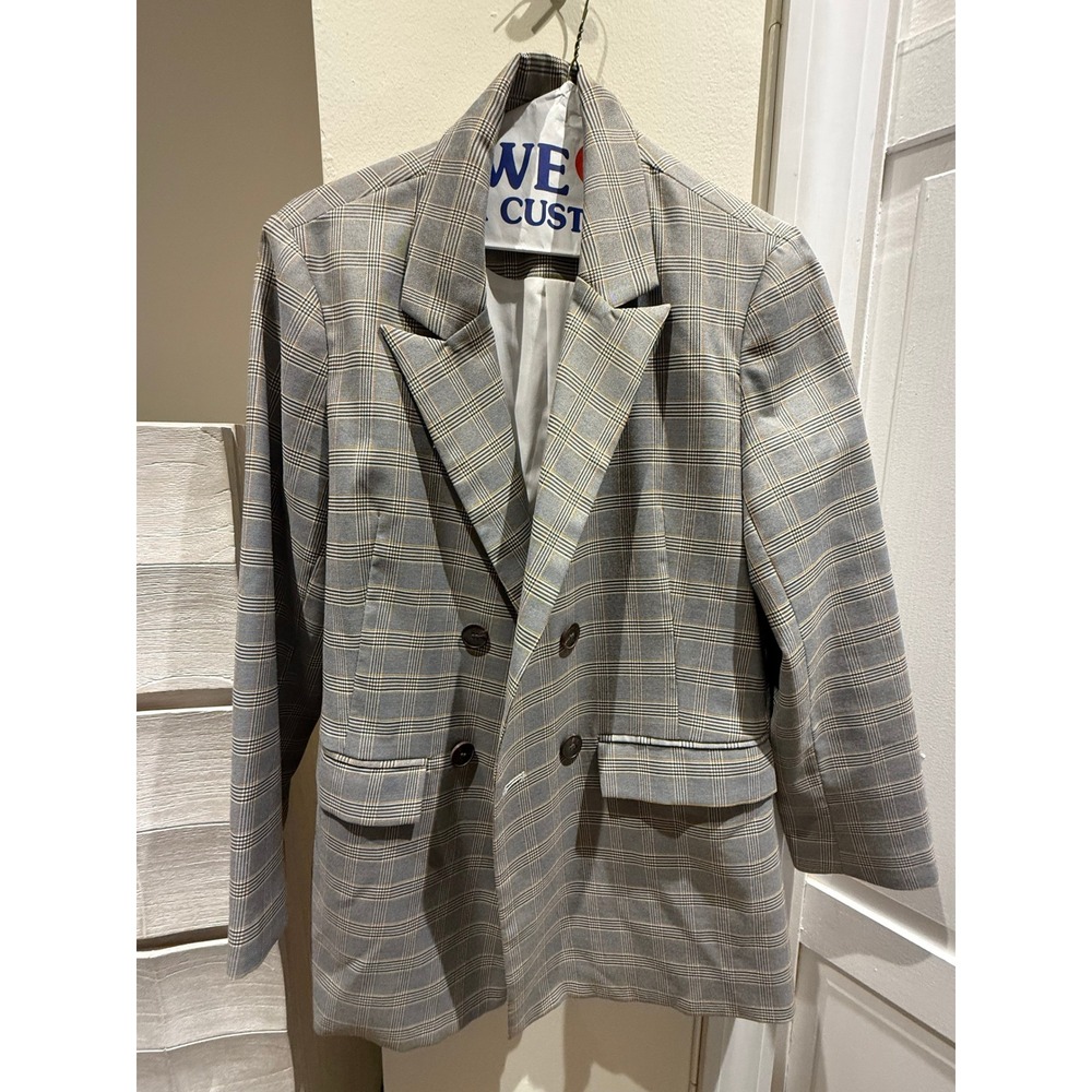 Womens Grey Plaid Double Breasted Blazer Jacket Size Medium 2021100612